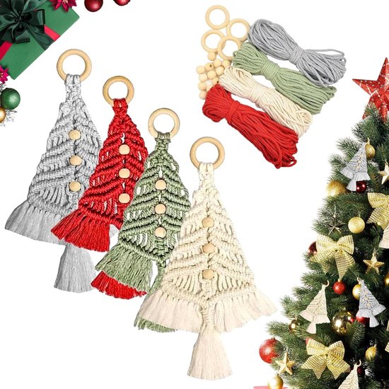 Foto: Set van 4 diy kerstboom ornament kits handgeweven macram bohe decoratie beginnersproject