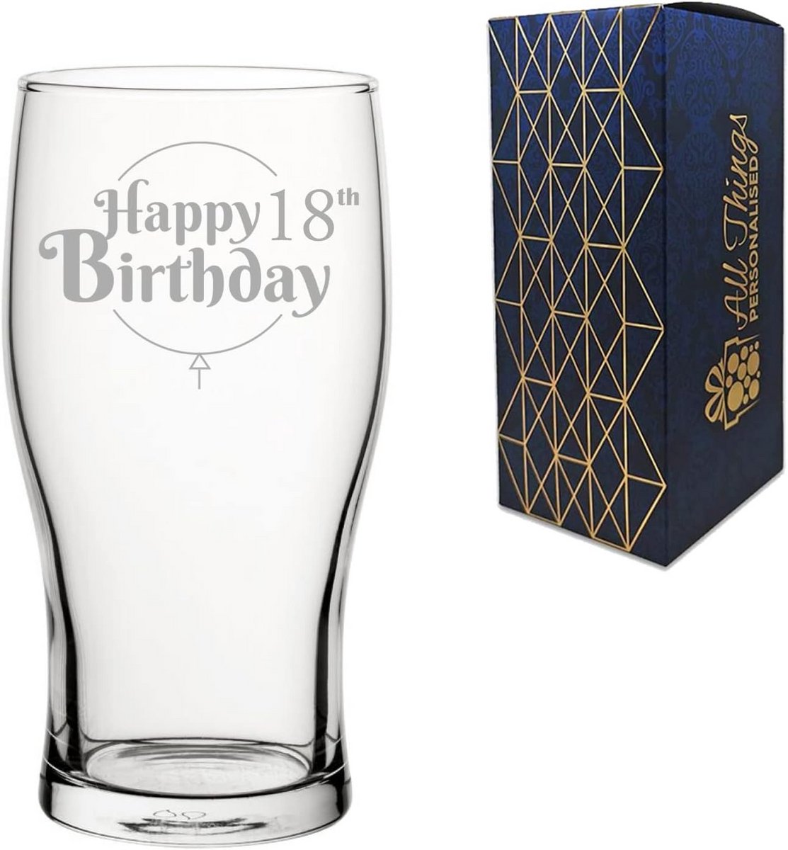 Gegraveerd Pint Glas 18e Verjaardag Cadeau met Ballon Tekst