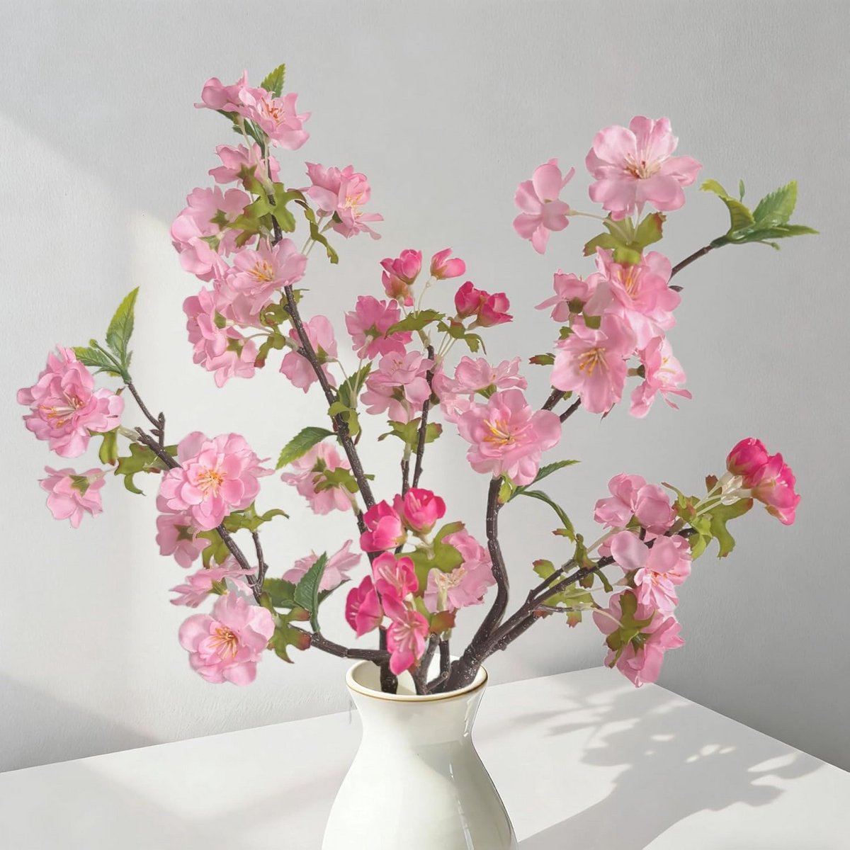 4 Stuks Zeer Realistische Kunstbloemen met Bladeren en Knoppen Roze Kersenbloesem