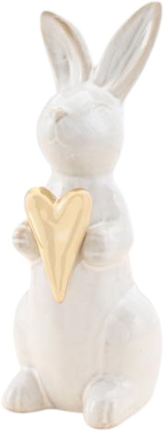 Decoratie beeld paashaas / konijn - gouden hart - wit - porselein - 15 cm - paasdecoratie