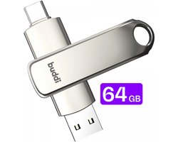 Buddi USB-C Stick 64GB | USB C en USB A | Dual Geheugenstick | USB 3.1 | Plug & Play | Universeel | Geschikt voor smartphones, tablets, PC en meer | Extra opslagruimte | Grijs