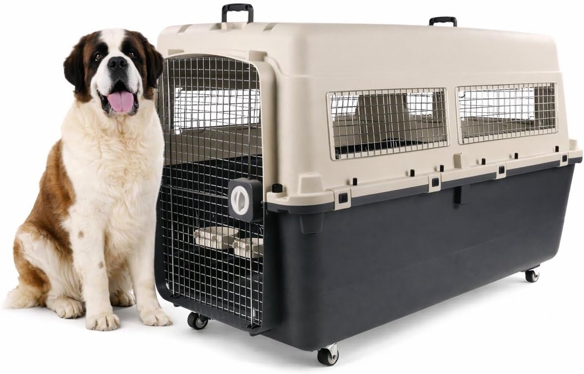 Reisbench hond – Autobench – Transportbox hond – Fomad Donkergrijs XXXL (82x122x88,5 cm) – Kunststof – Met metalen deur & draaislot – Inclusief eet- en drinkpot & wielen – Flamingo