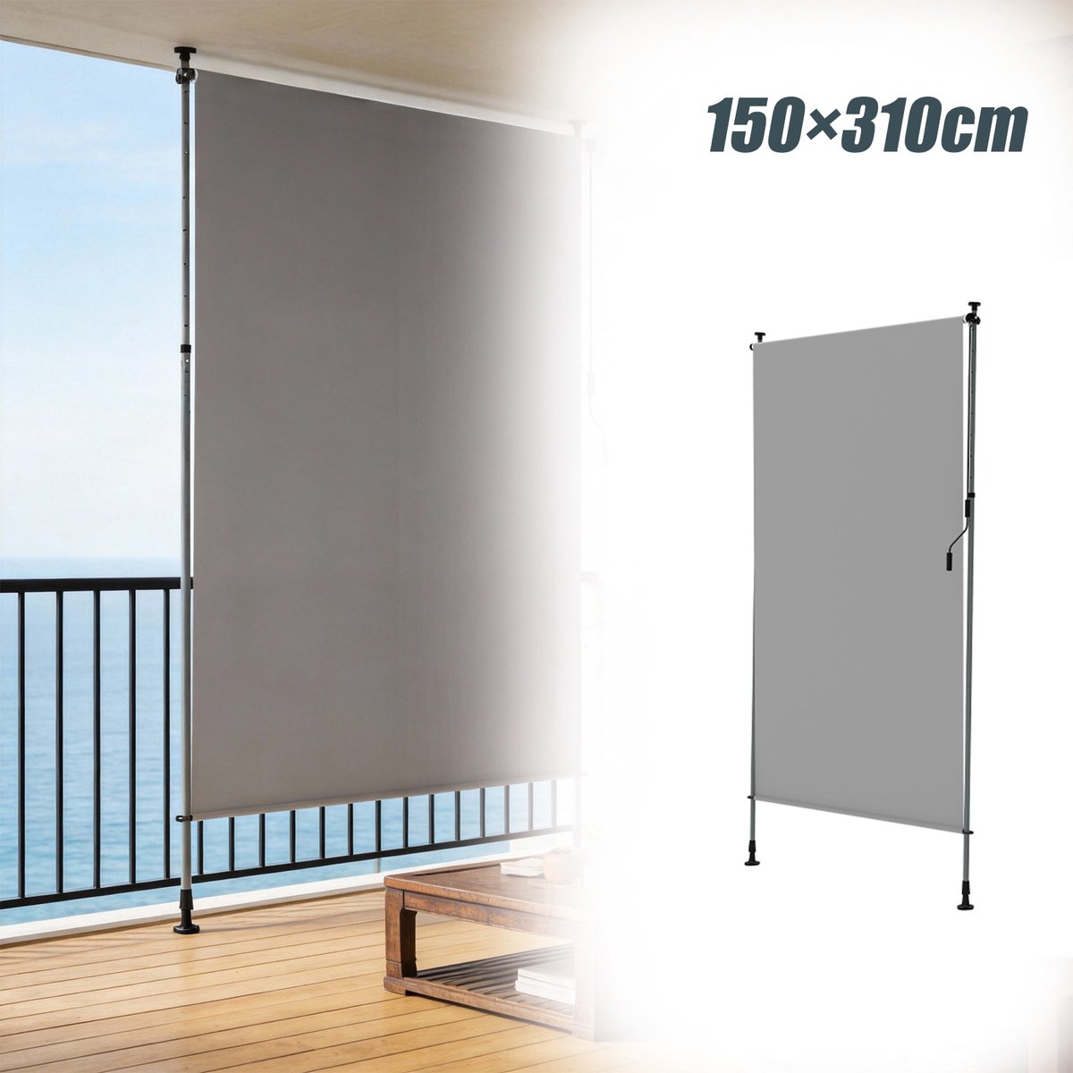 Aufun rechtopstaande zonwering – in hoogte verstelbaar – lichtgrijs – 150 x 310 cm – met handslinger – voor balkon, terras en tuin
