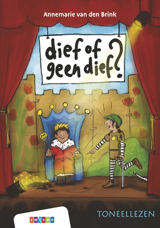 Een koning zit op een troon en wijst naar een man in een prinsenpak. Titel 'dief of geen dief?'.