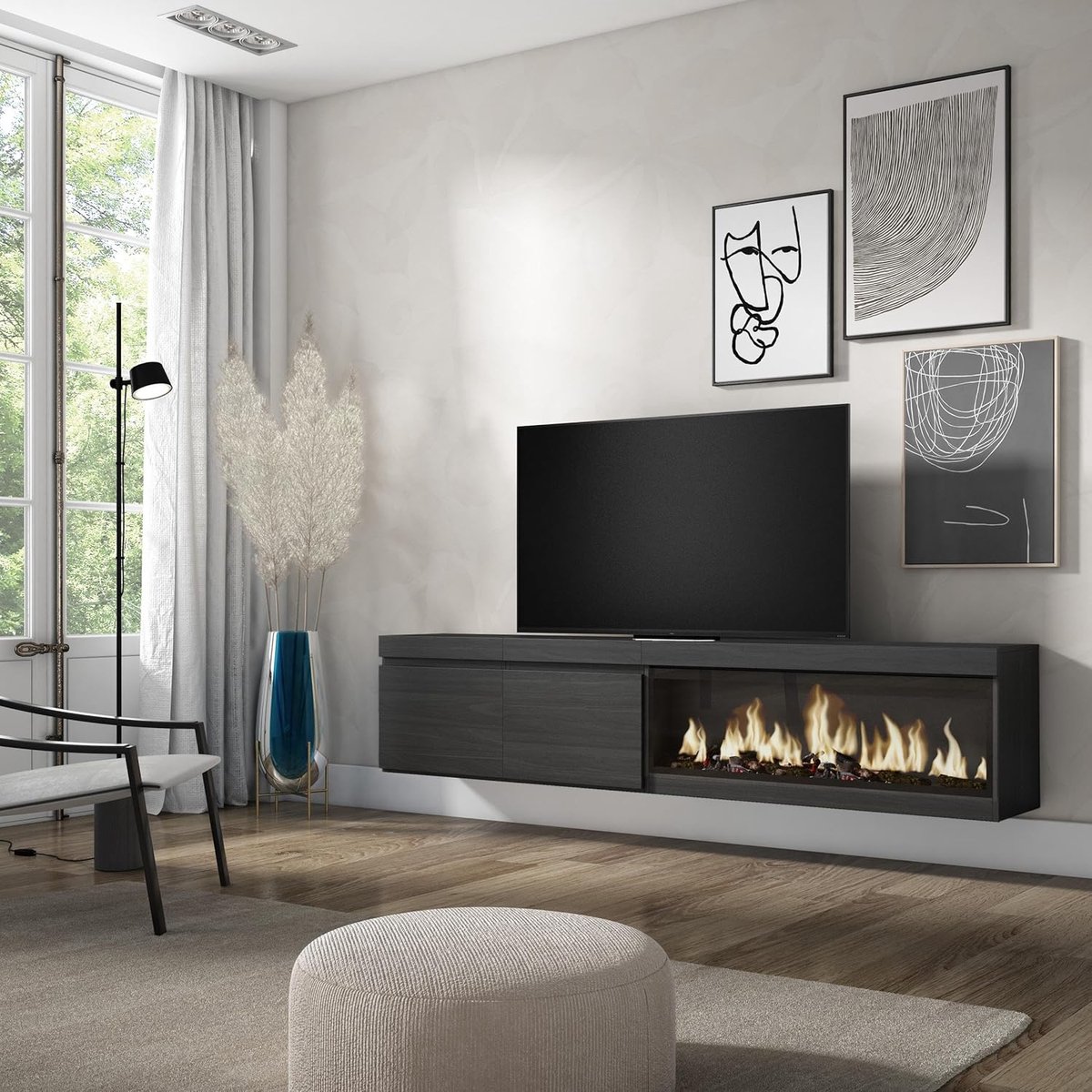 Elektrische TV-kast Lowboard 210 cm voor TV's tot 80 inch met XXL Hangende LED Open Haard, Moderne Zwarte Melamine Afwerking – Abkantoor