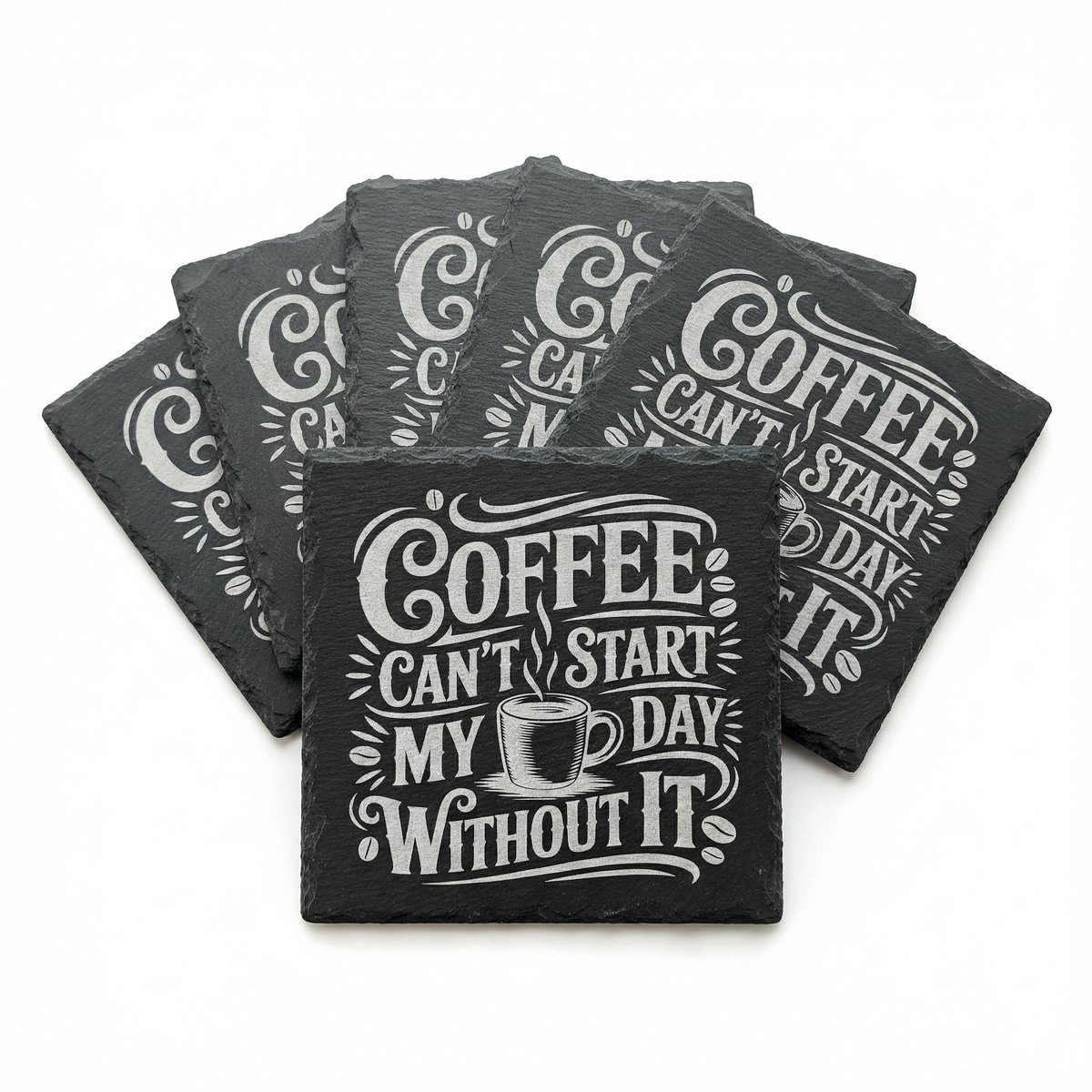 Onderzetters Leisteen Gegraveerd – Set van 6 Met Houder – Koffie Quote – Antislip – Cadeau