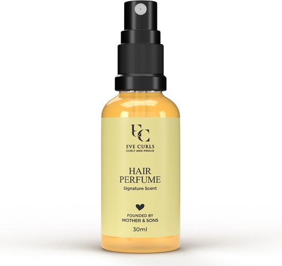 Un flacon de parfum capillaire Eve Curls avec vaporisateur. Emballage jaune pâle avec texte noir : EVE CURLS, HAIR PERFUME, Signature Scent, FONDÉ PAR MOTHER & SONS, 30ml.