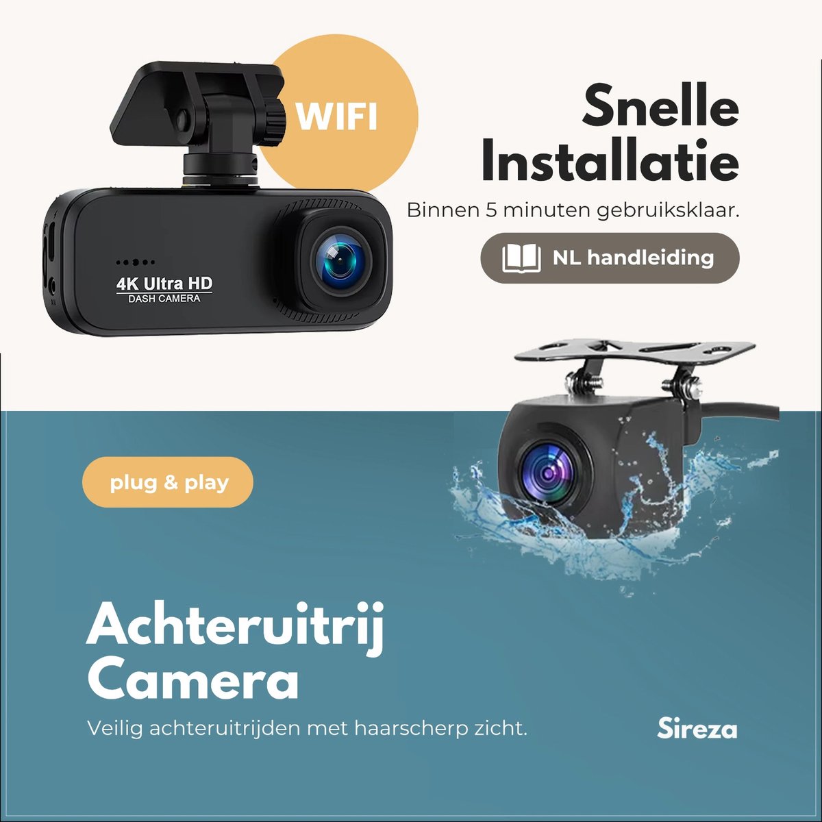 Sireza® D3 - Dashcam - Dashcam Voor Auto - Dual Dashcam - Ultra 4K & UHD - Voor en Achter Camera - WiFi - 2 inch met App - GPS live locatie + snelheid - 64GB SD Kaart - Loop Opname - G Sensor -mini koevoet - NL/FR/ENG Handleiding + NL Systeem – foto 4