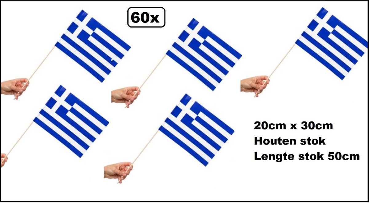60x Luxe Zwaaivlaggetjes op stok Griekenland 20cm x 30cm - lengte stok 50cm - Zwaai vlaggetjes Greece thema feest voetbal festival uitdeel