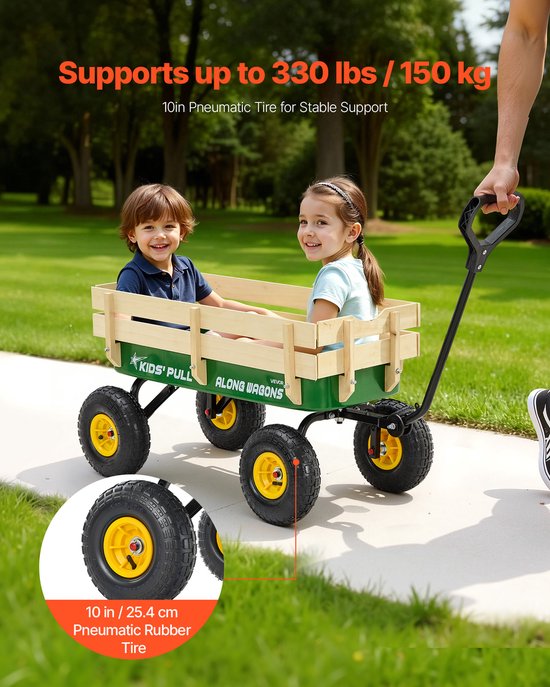 VEVOR Kinderhandkar, 102 CM, Transportkar met Duwstang, Gemaakt van Hout en Metaal, Max. 150 KG Draagvermogen, Ideaal voor Kinderen Vanaf 5 Jaar, voor In De Tuin, Uitstapjes en op Het Strand, Groen en Geel van Vevor — afbeelding 3