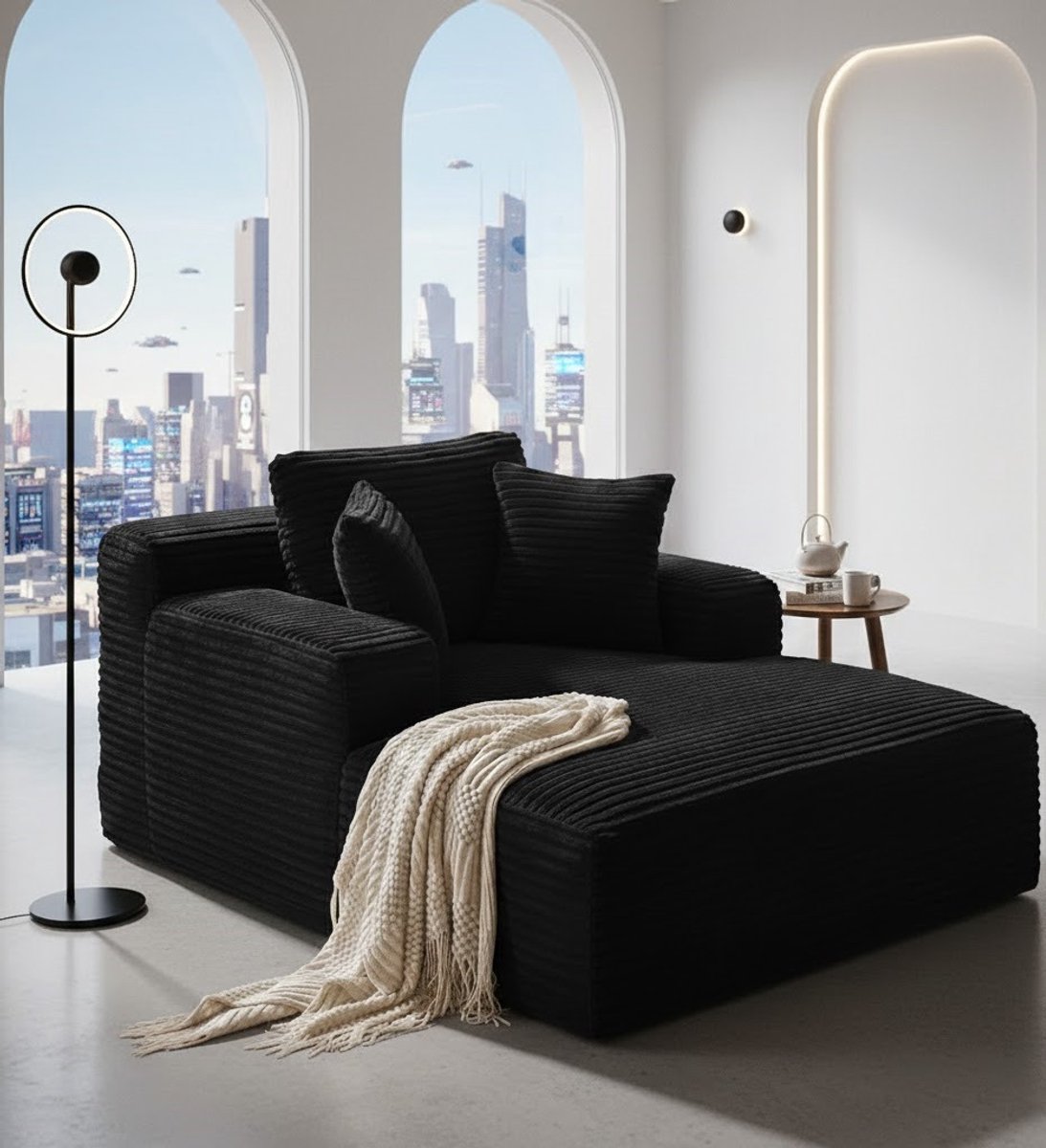 Luxe Moderne Corduroy Slaapbank met Chaise Longue – 3-Zits Comfortabele Bank voor Woonkamer, Wolkenzachte Zit en Rugkussens, Zwart – Geen Montage Nodig House&Garden