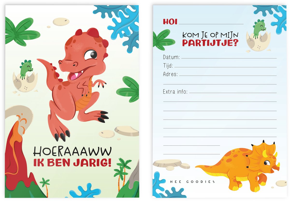 Uitnodigingen kinderfeestje dino set 6 stuks met envelop uitnodigingskaarten partijtje jongens dinosaurus feest