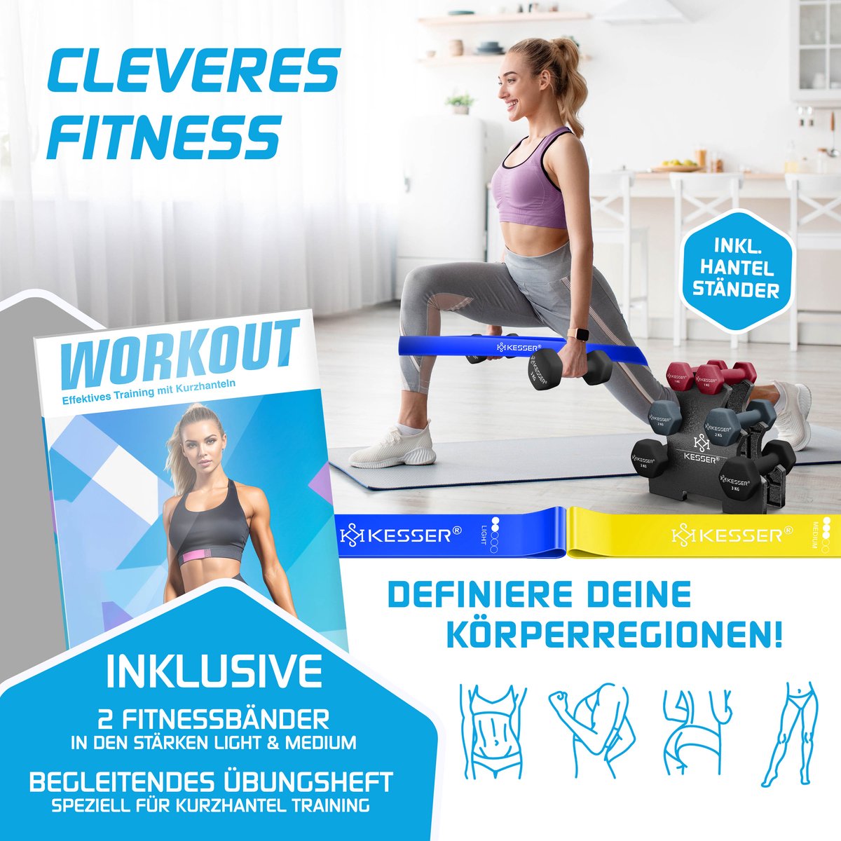 KESSER® Dumbells Set 3 Paren | Gewichten Set met Standaard | verstelbare Dumbell Geschikt voor Krachttraining | Halterset met oefeningenboekje, 2x fitnessbanden – foto 2