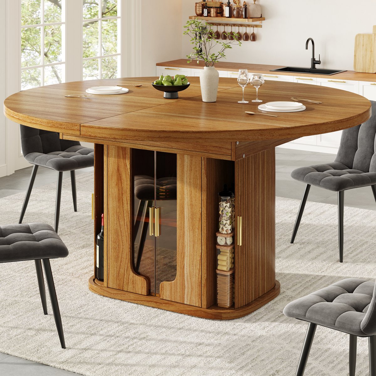 OKWISH Uitschuifbare Eettafel Met Opberglades En Glasfronten Voor Eetkamer En Keuken Walnoot MDF Rond Naar Ovaal 118-158x118x77 Cm