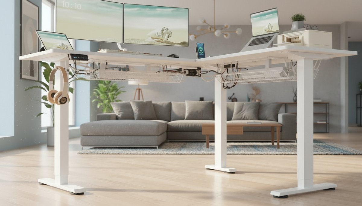 Electric Desk L-vormig Casa Velluto ErgoCorner 140x160 cm – In Hoogte Verstelbaar Zit-Sta Bureau met USB-Poorten, 2 Geheugeninstellingen, Anti-Botssysteem – Modern Wolkenwit + Matwit Thuiskantoor Bureau