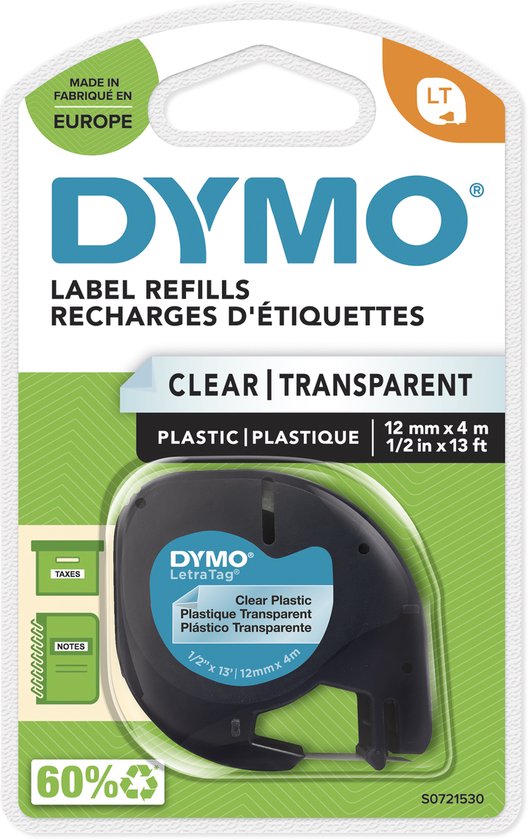 DYMO LetraTag label refills verpakking, met zwarte tekst op transparante etiketten, plastic, 12mm x 4m.