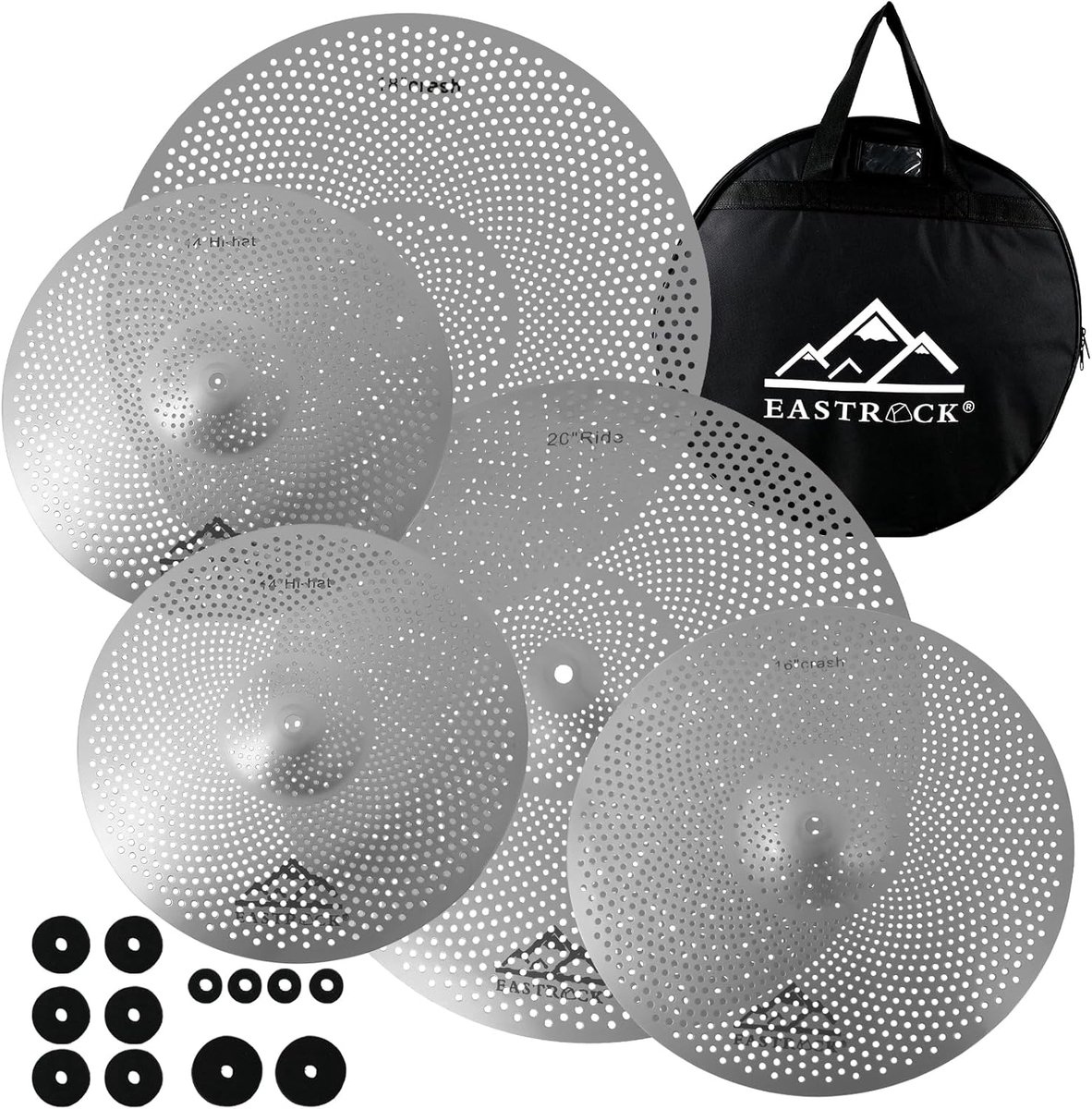 Cymbal Set - Drum Bekkens - Stil Oefenen - Laag Volume Geluid - 5 Stuks Set - Zilver
