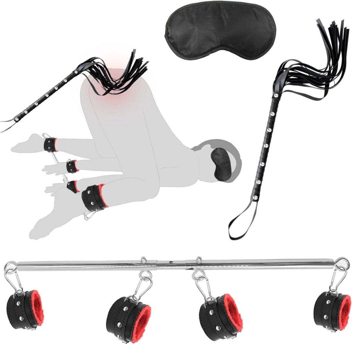 VIN® BDSM Extreme - Sex Toys voor Koppels - 8 Stuks - Seksspeeltjes voor Koppel - Zweepje Seks - Shibari Touw – Bondagesets - Sexspeeltjes voor Koppels - Couple Games – Bondagesets – Boeienset, Handboeien, etc - Zwart