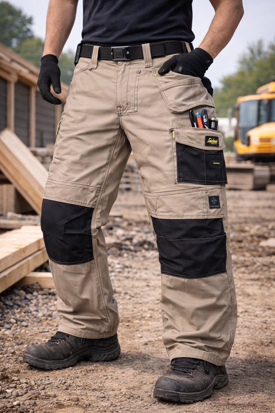 Pantalon de travail Snickers Workwear kaki et noir, avec poches holster et genoux renforcés.