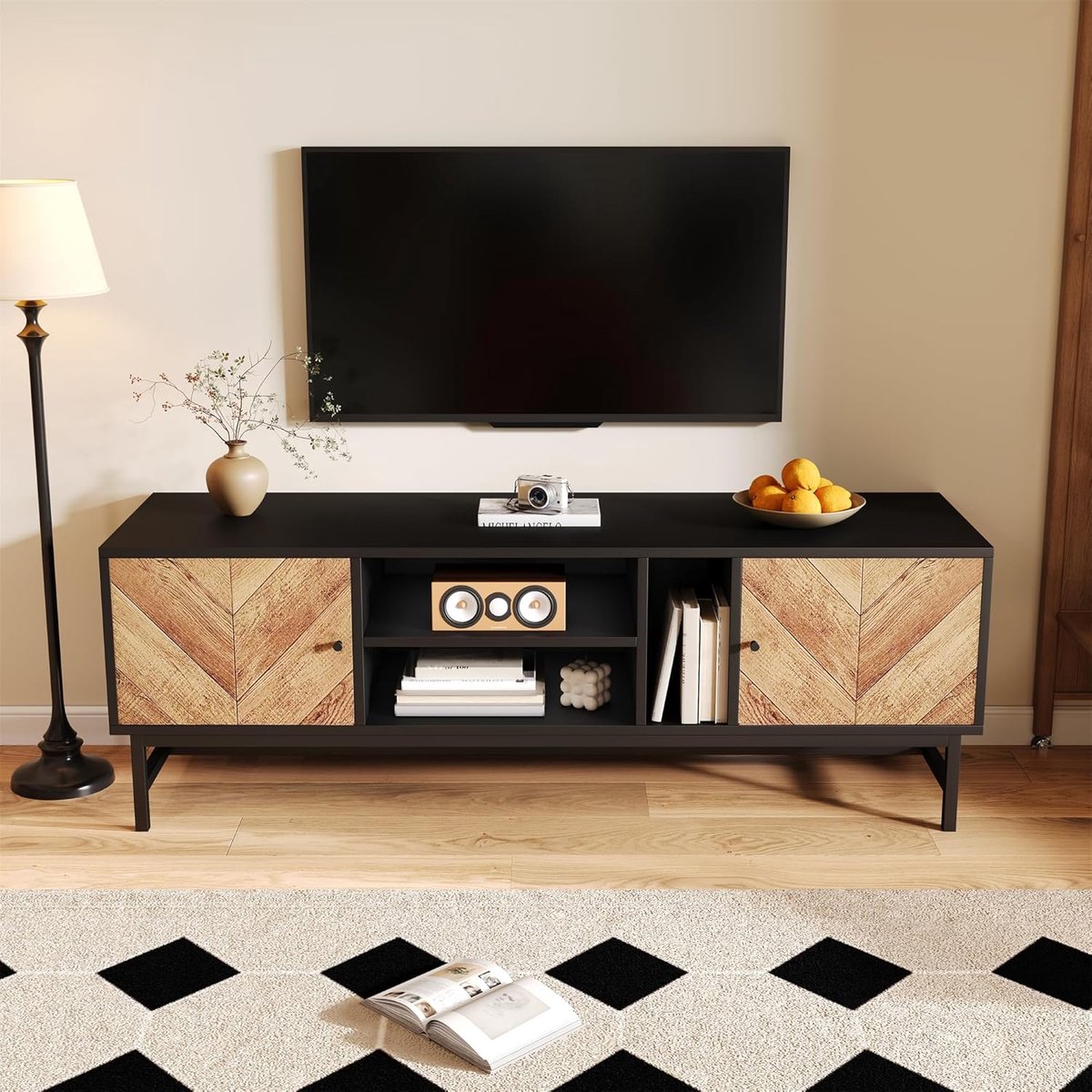 Tv-meubel - Lowboard Kast - Woonkamer Media - Modern Contrastdesign - 150 cm Breed - Zwart