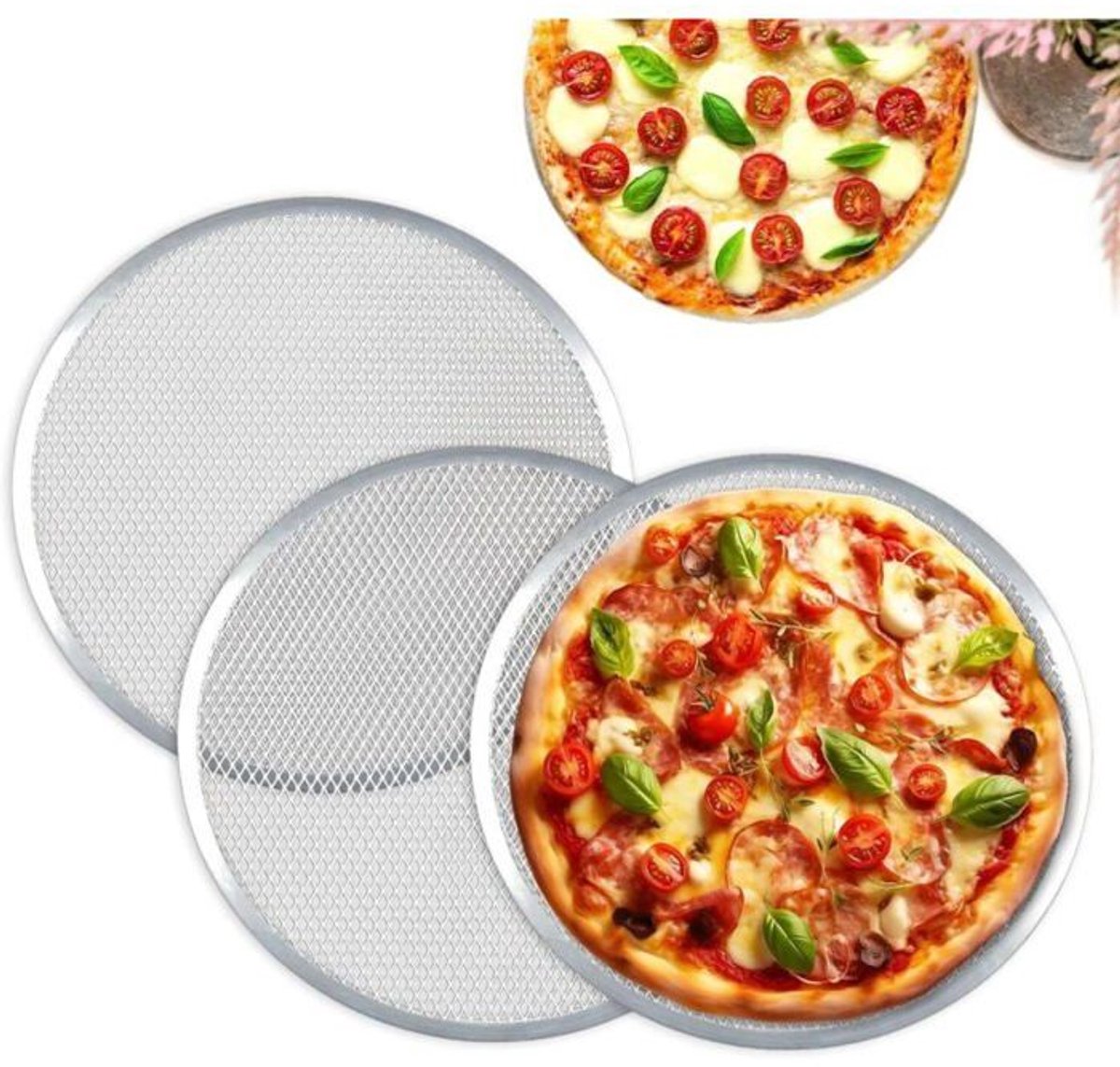 3-delige pizzabakset, 33 cm, aluminium pizzabakplaat, ronde pizzapan, barbecuegrill.