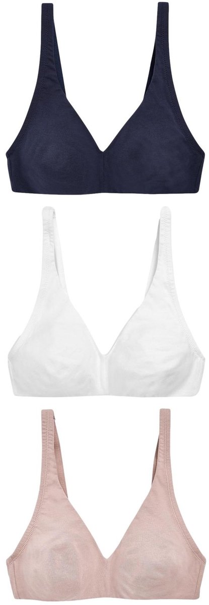Next Dames - Set van 3 Ultimate Comfort beha's van een katoenmix zonder vullingen en zonder beugel - Blauw White/Navy Blue/Pink