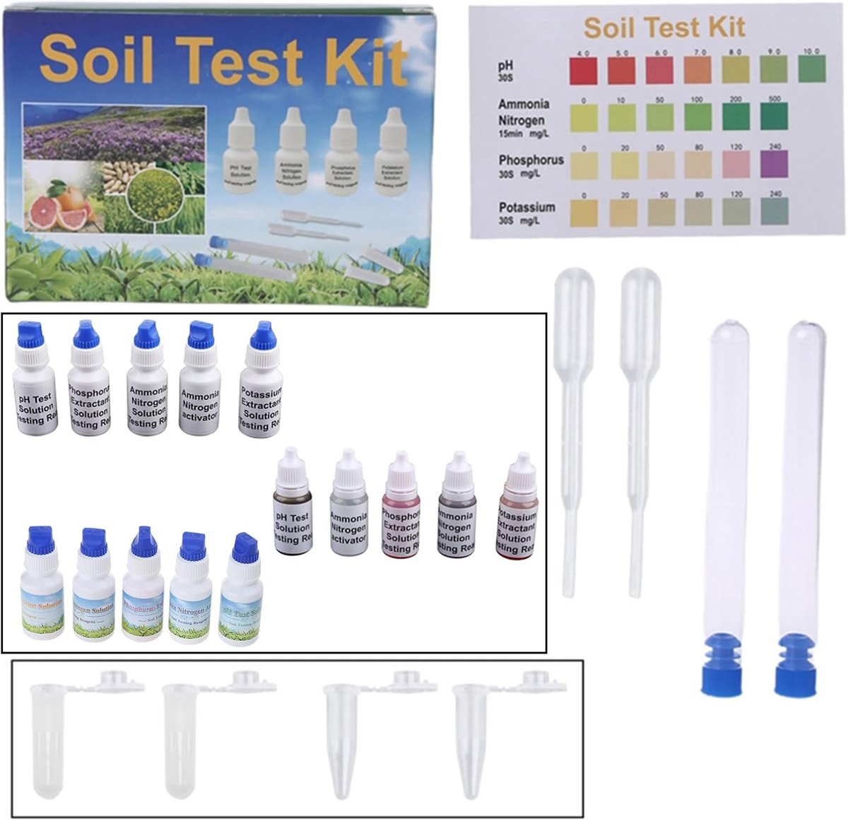 Bodemtest Kit - Voedingsstoffen Test - Planten Voeding - Nauwkeurige Meting - 10ml Flesjes - Diverse Kleuren