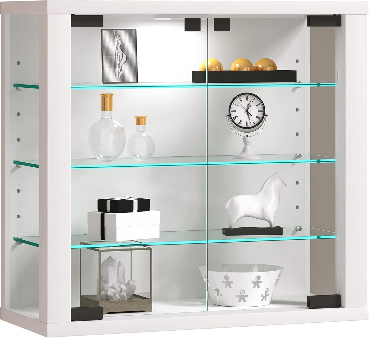 Hangvitrine Kast - Wandvitrine Glasdeuren - Decoratie Tonen - Gehard Veiligheidsglas - 43x40x18 cm - Wit