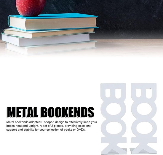Twee witte, L-vormige metalen boekensteunen met het woord 'BOOK' uitgesneden.