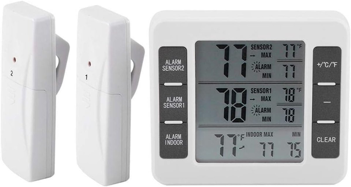 Digitale Koelkast Thermometer - Draadloze Temperatuurmeter - Voedsel Veiligheid - Alarm Functie Min Max - 2 Sensoren Inclusief - Wit