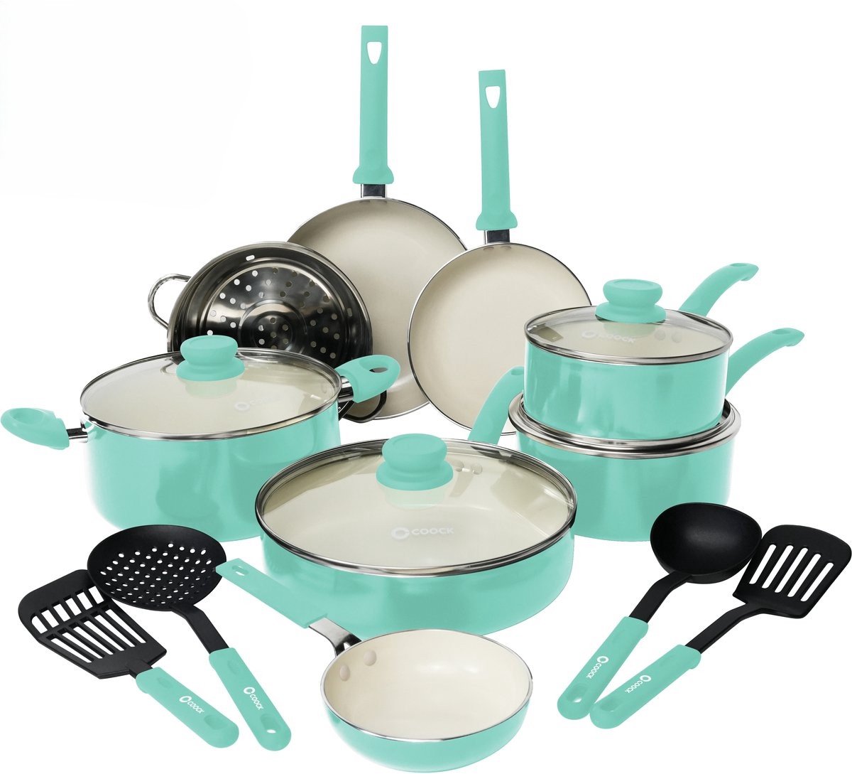 Bol.com COOCK 22-Delige Pannenset Inductie - Speciale Anti-Aanbak Coating - Ergonomische Koudgrepen - Gerecycled Aluminium - koe... aanbieding