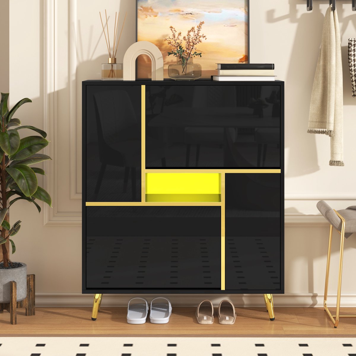 Wishdor - Schoenenkast - Hoogglansfront En Ledverlichting - Modern - Voor Hal - Spaanplaat - Zwart - 80 X 25 X 96 Cm
