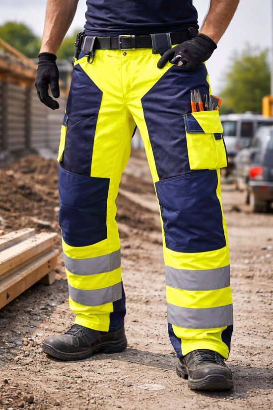 Homme portant un pantalon de travail jaune fluo haute visibilité avec des empiècements bleu marine, des bandes argentées réfléchissantes, des outils dans les poches et des chaussures de sécurité noires.
