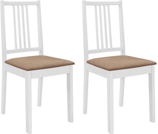 Deux chaises de salle à manger blanches avec assises en tissu marron et dossiers à trois barreaux verticaux.