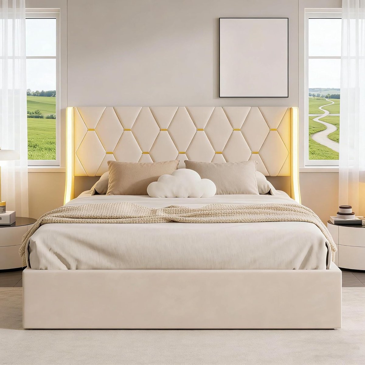 Gestoffeerd Bed - Dubbel Bed - Opbergen - Hydraulisch Systeem LED - 140 x 200 cm - Beige