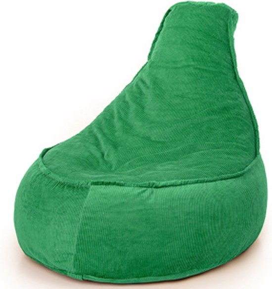 Groene ribstof zitzak met een gedrongen, peervormige vorm en een hoge rugleuning.