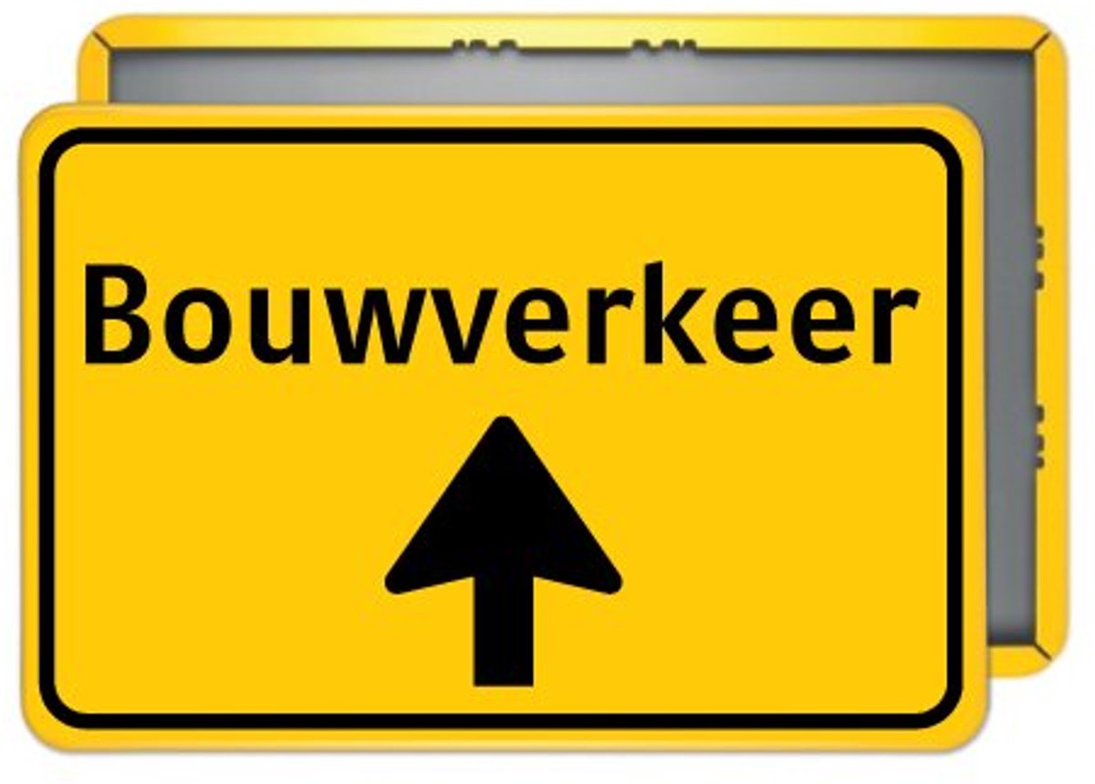 Bord Bouwverkeer rechtdoor - geel - Weerbestendig Aluminium - 40x60 cm - Bevestiging: Met paalbeugels Ø48mm