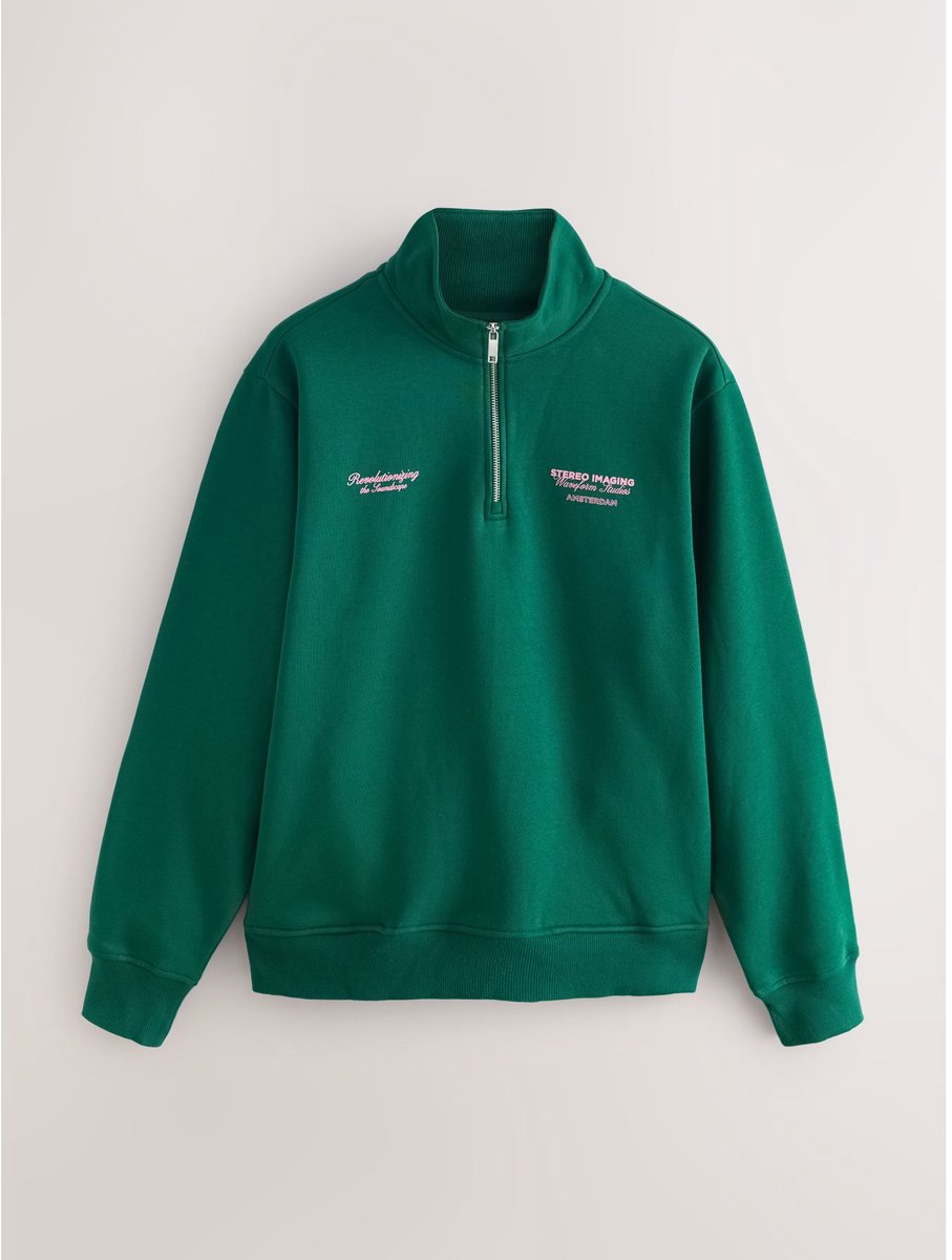 Next - Heren - Sweater met korte rits aan de hals en eenvoudige tekstprint - Groen