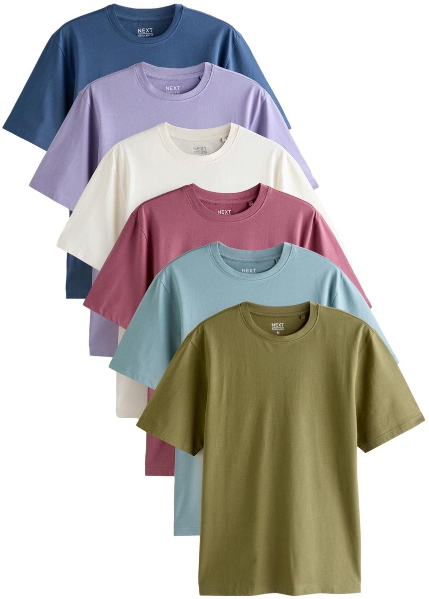 Next - Heren - Set van 6 basic T-shirts van katoen met standaard pasvorm - Blauw