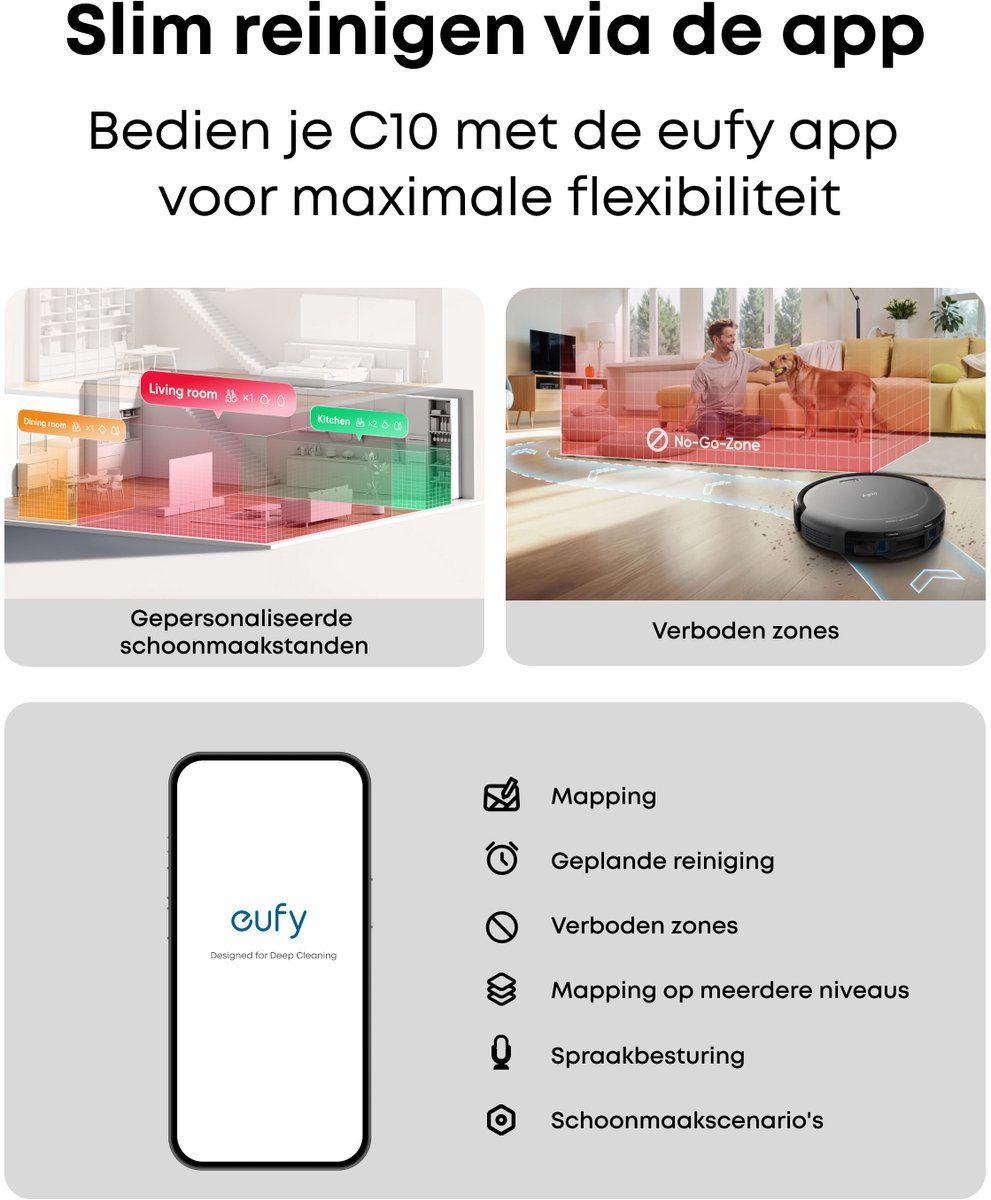 eufy Auto-Empty C10, slanke behuizing van 7,2 cm, tapijtreiniger, edge expansion borstel, automatisch legen, point laser en multi-infrarood navigatie — afbeelding 5