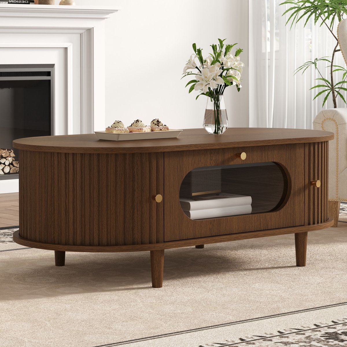PHOEBE CAT Salontafel - Met lade - Schuifdeuren - 100 x 50 x 36 cm - Walnootkleur