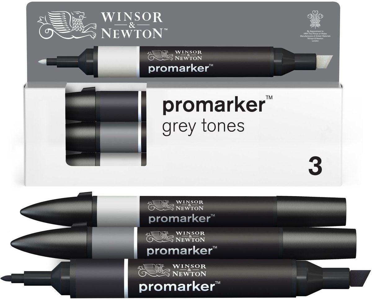 Winsor & Newton 0290185 Promarker Set 3 stuks – Grey Tones – Alcoholmarkers met dubbele punt