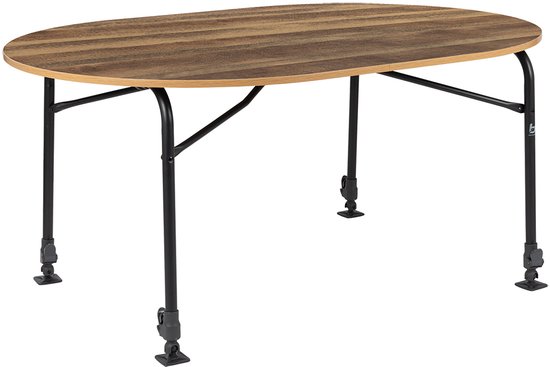 Ovale tafel met bruin houtnerfprint blad en zwart metalen onderstel met verstelbare poten.