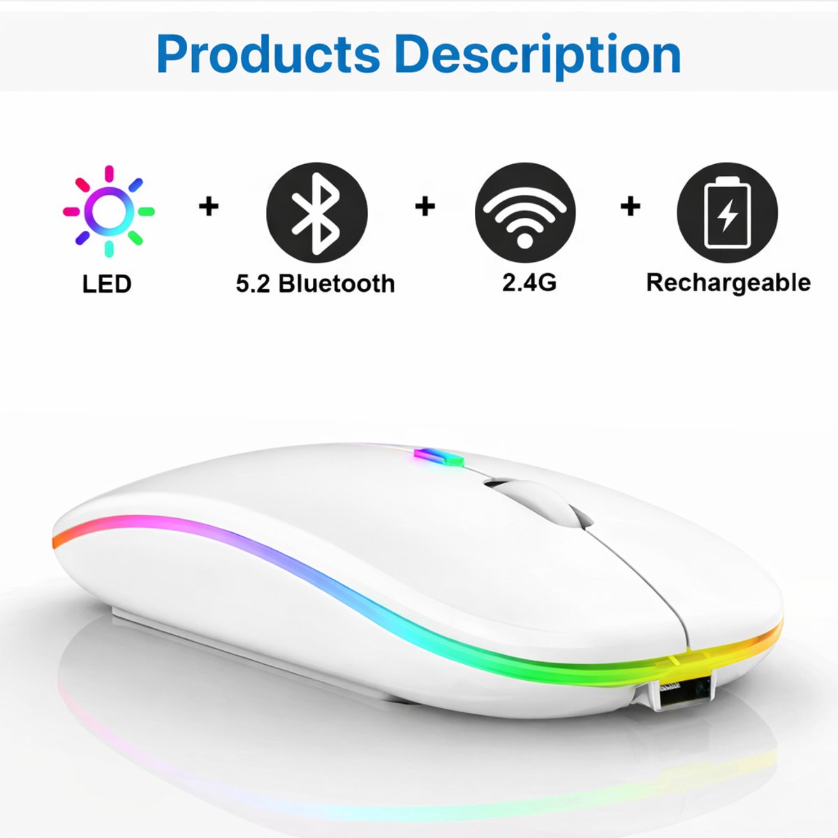 Draadloze Bluetooth Muis 5.1 + 2.4G USB – Oplaadbaar – Stil – Ultra Slim 26mm – RGB LED – Instelbare DPI 1000/1200/1600 – Dual Mode – Wit