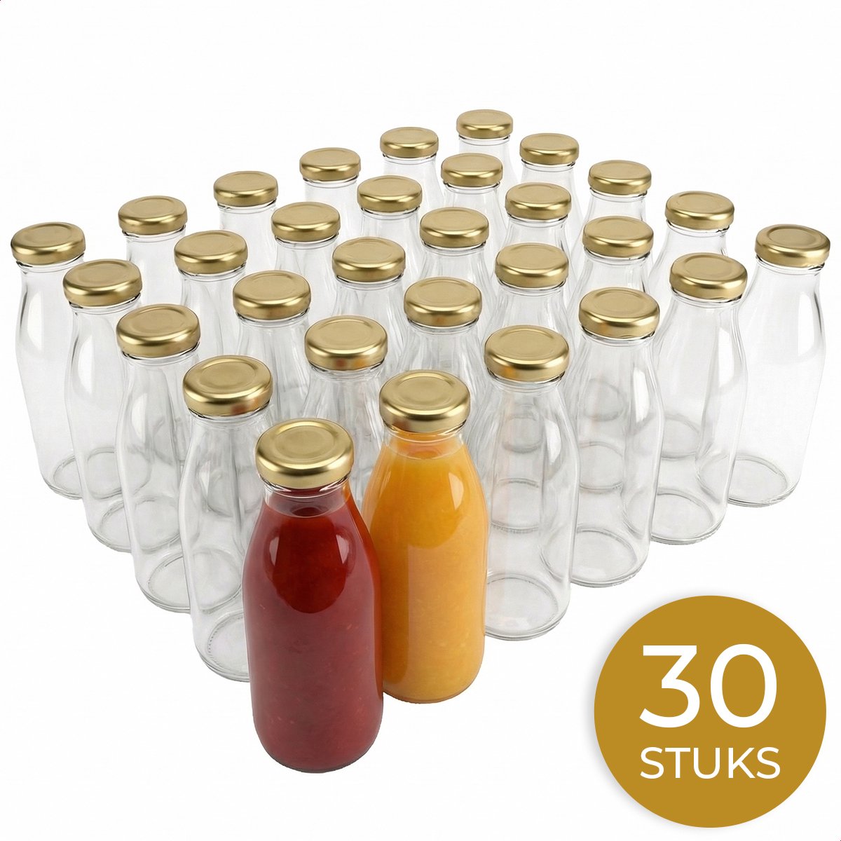 Glasverpakkingen® Sapfles 350ml - 30 Stuks - Glazen Flesjes met Dop - Hervulbaar - Smoothie Fles - Sausfles - Sapflesjes Herbruikbaar - Gouden Dop