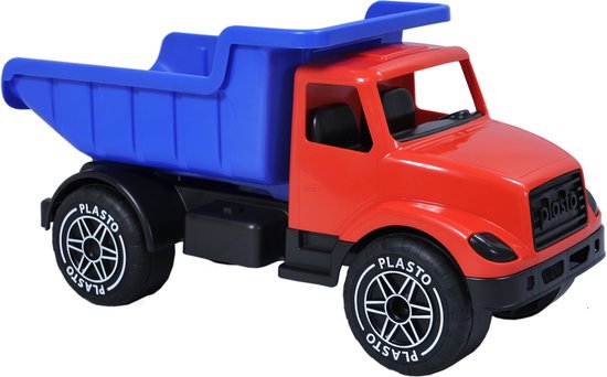 Rode kiepwagen met blauwe kantelbare laadbak en zwarte wielen met 'PLASTO' tekst.