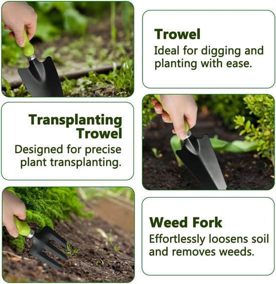 Tuingereedschap set-tuingereedschapset-tuinschepje- 4-delige set - inclusief smalle schep, vijftandige hark, brede schep en dubbelzijdige schoffel - bonsaigereedschap, gazonverzorging, landbouwgrond, verplanten. van Tuingereedschap. — afbeelding 4