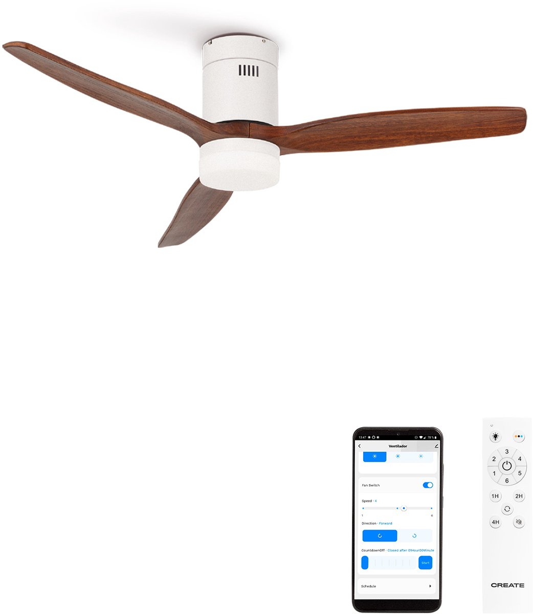 CREATE - Stille plafondventilator met technische ABS bladen 40W (Ø152cm) - Met licht LED - Met WiFi + Afstandsbediening - 6 snelheden - Programmeerbaar - WIND CALM