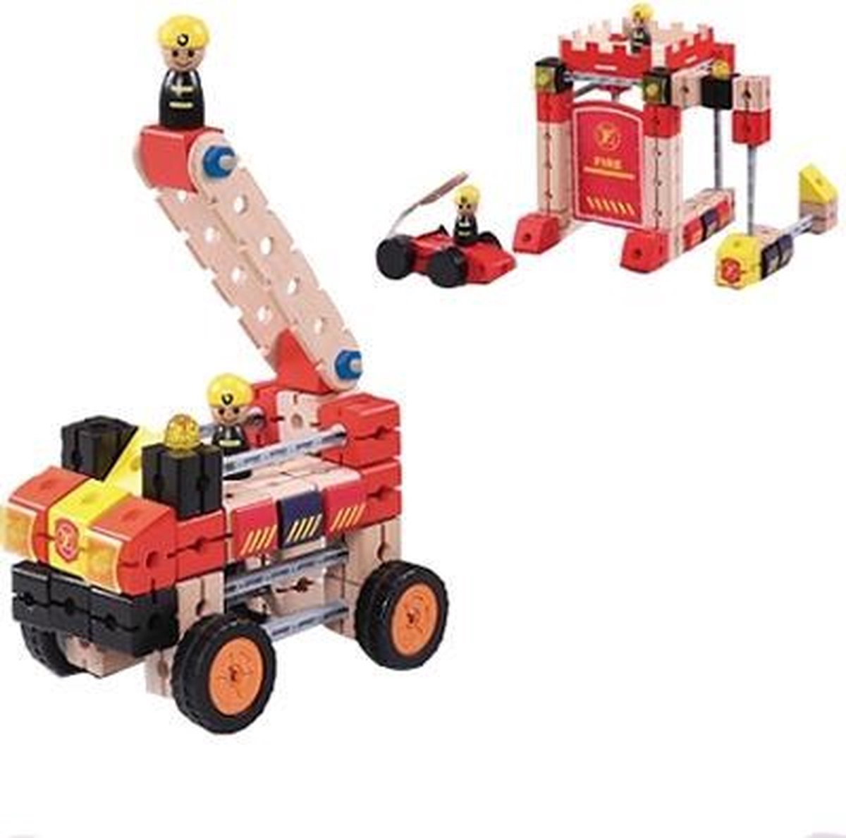 Brandweer Constructieset - 122-delig Houten Speelgoed - Bouw je Eigen Brandweerwagen & Kazerne