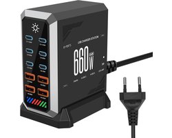 660 W USB C oplader, meerdere USB, PD140w, 100W, 65W, 10 poorten, snellader, Gan Power laadstation met 6 USB C + 4 USB-A-poorten voor MacBook Air, iPad, iPhone 16 15Pro 14 13 12, Galaxy S22 S20
